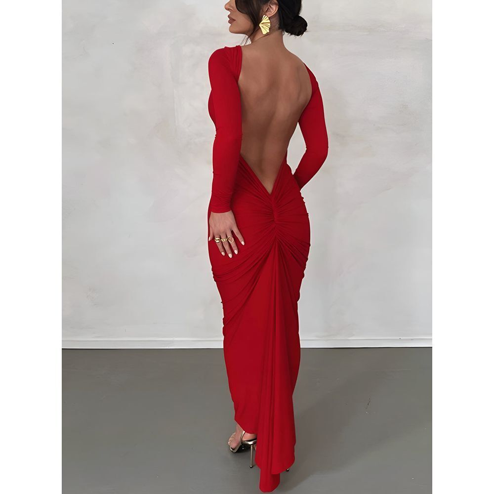 Commense Red Backless Bodycon Maxi Dress Long Sleeve Elegant Evening Gown S/4